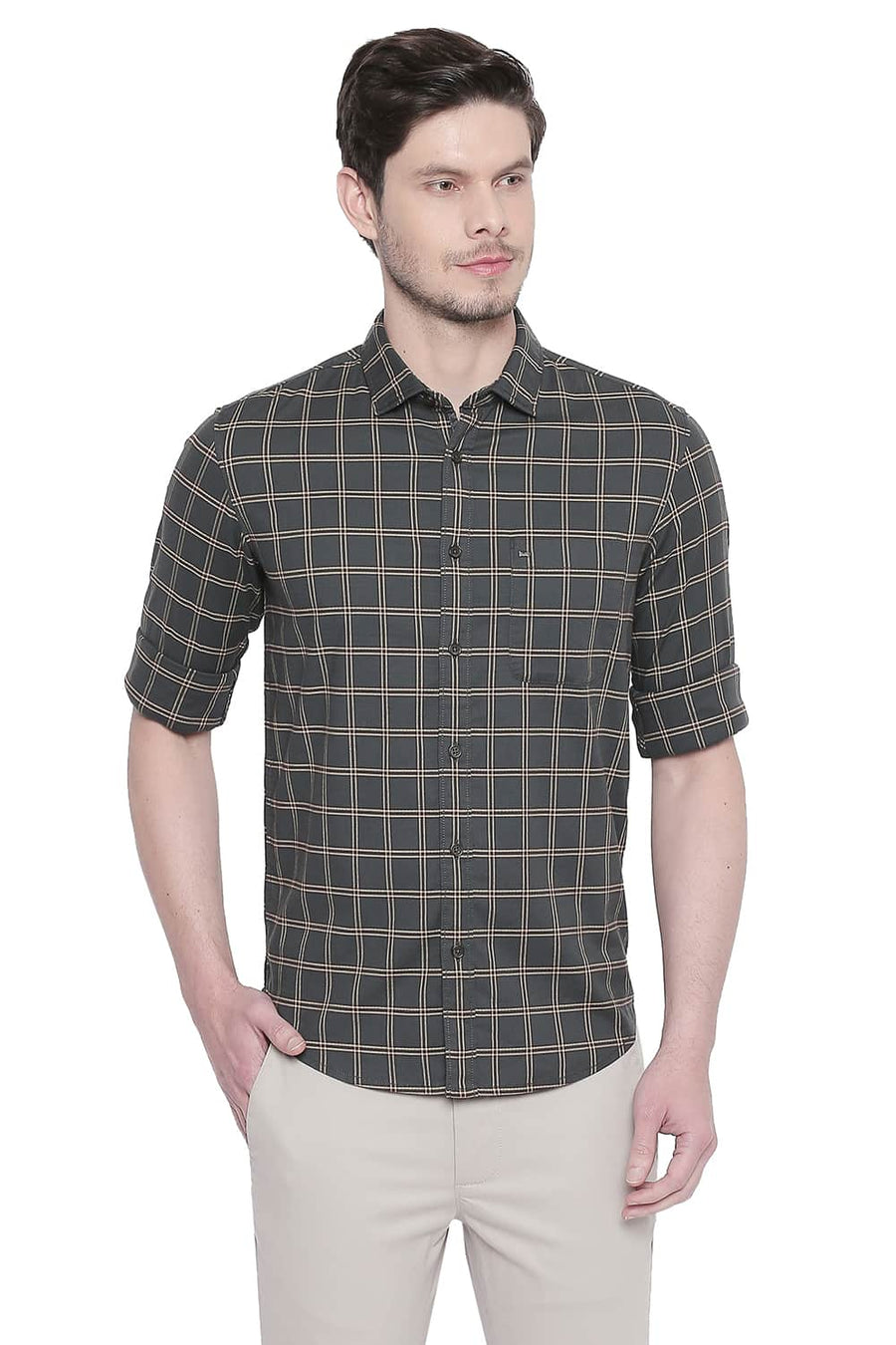 BASICS SLIM FIT ROSIN STRETCH CHECKS SHIRT