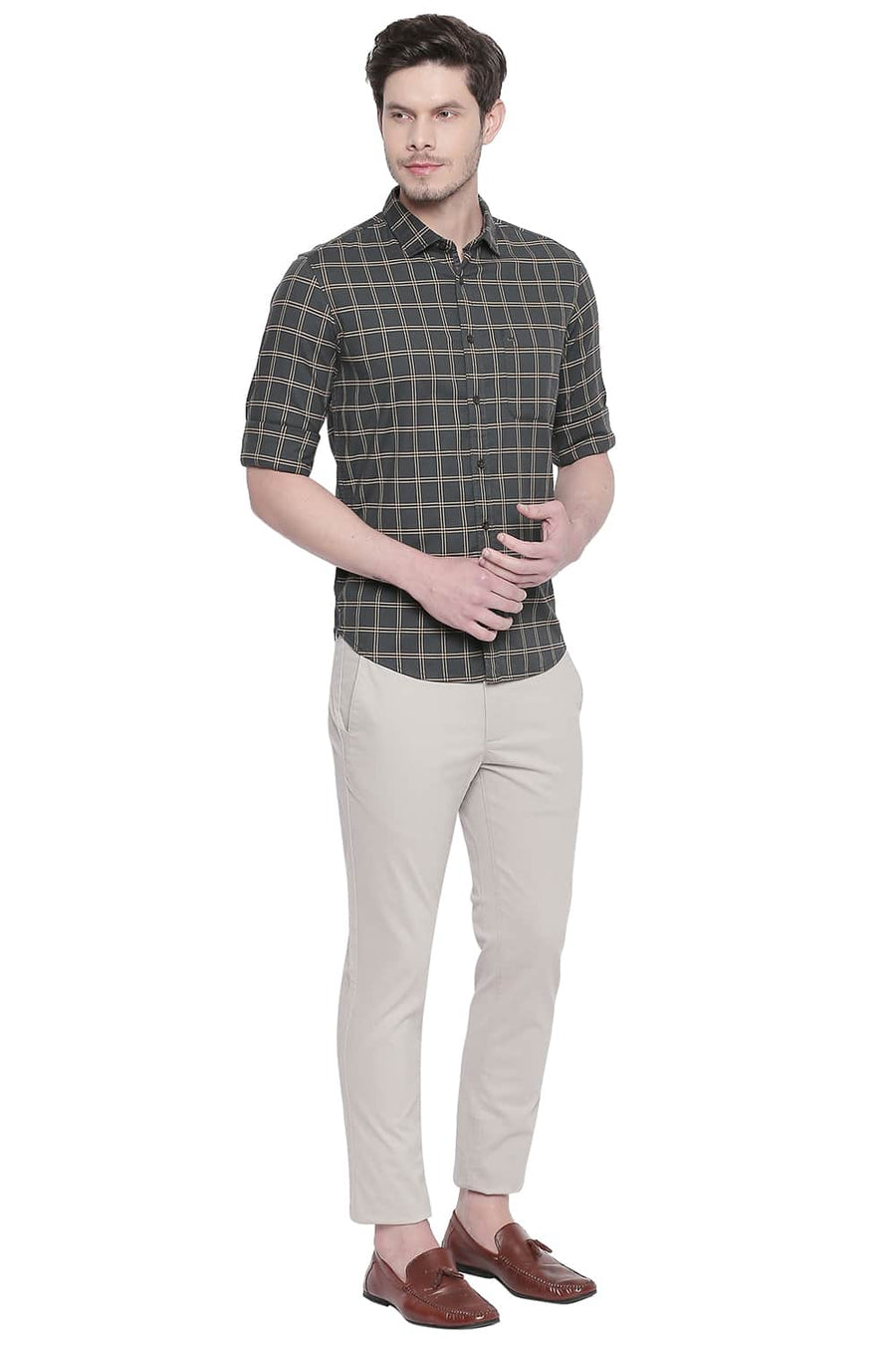 BASICS SLIM FIT ROSIN STRETCH CHECKS SHIRT