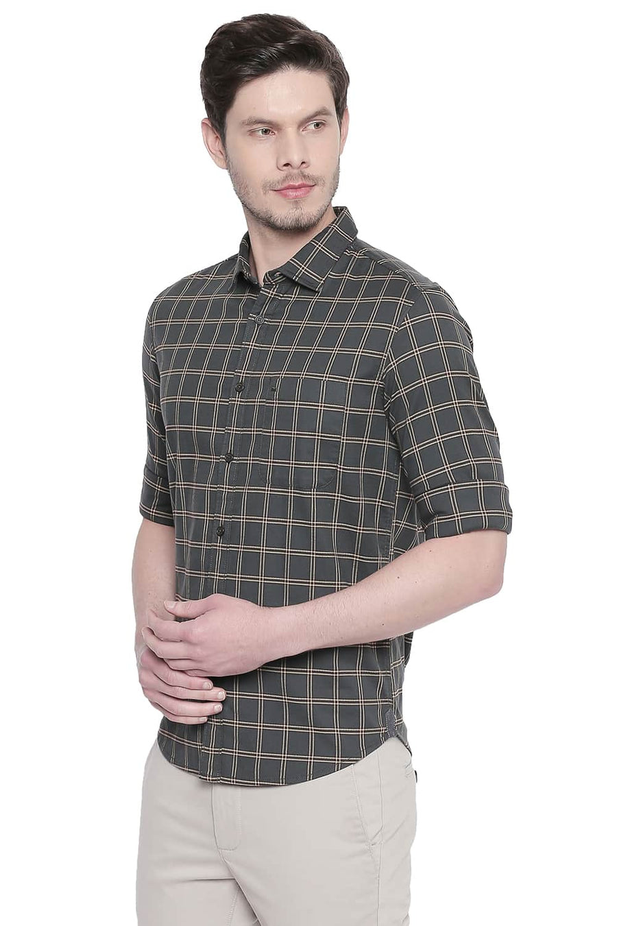BASICS SLIM FIT ROSIN STRETCH CHECKS SHIRT