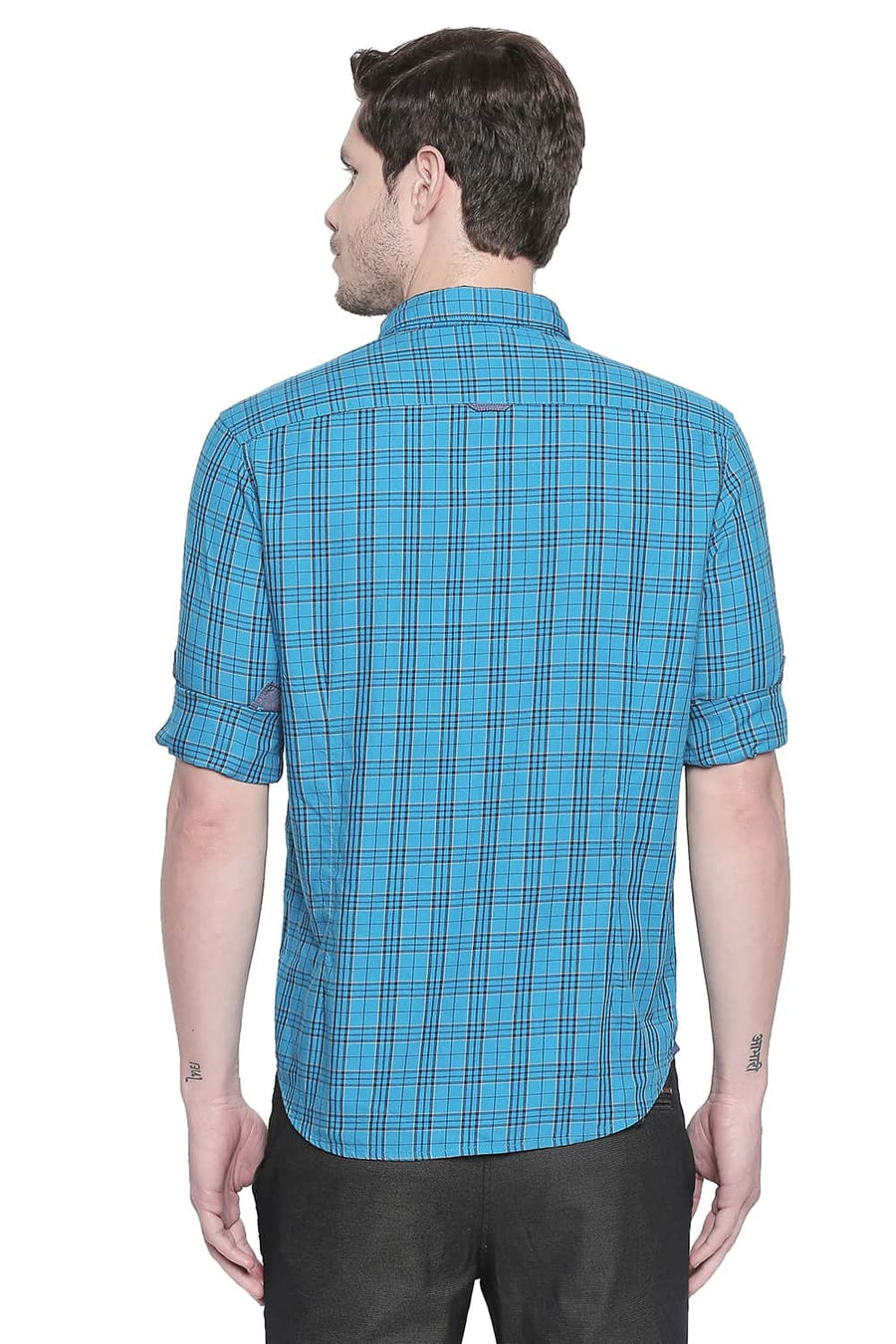 BASICS SLIM FIT ENAMEL BLUE TWILL CHECKS SHIRT
