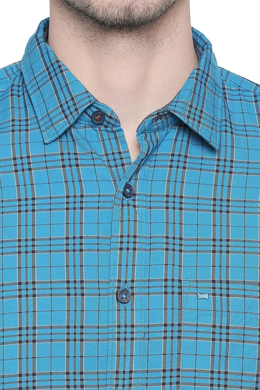 BASICS SLIM FIT ENAMEL BLUE TWILL CHECKS SHIRT