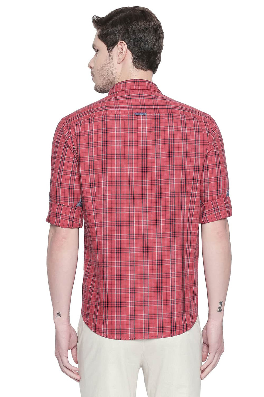 BASICS SLIM FIT CRANBERRY RED TWILL CHECKS SHIRT