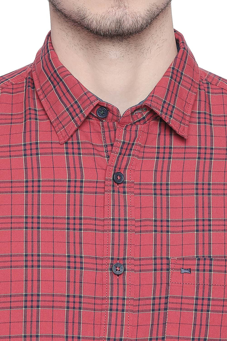 BASICS SLIM FIT CRANBERRY RED TWILL CHECKS SHIRT