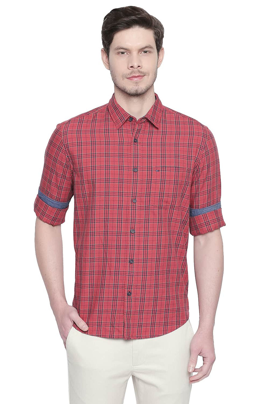 BASICS SLIM FIT CRANBERRY RED TWILL CHECKS SHIRT