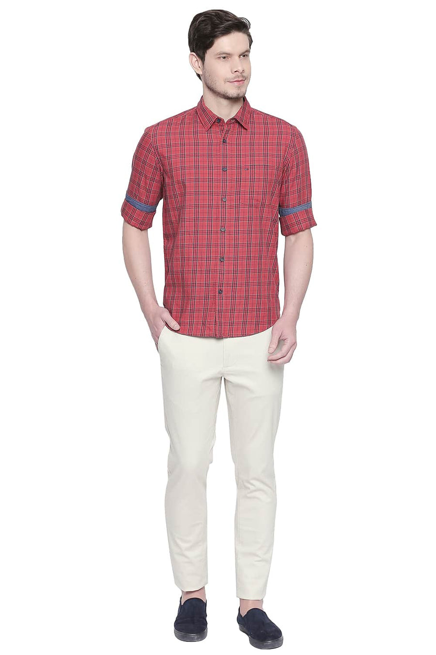 BASICS SLIM FIT CRANBERRY RED TWILL CHECKS SHIRT