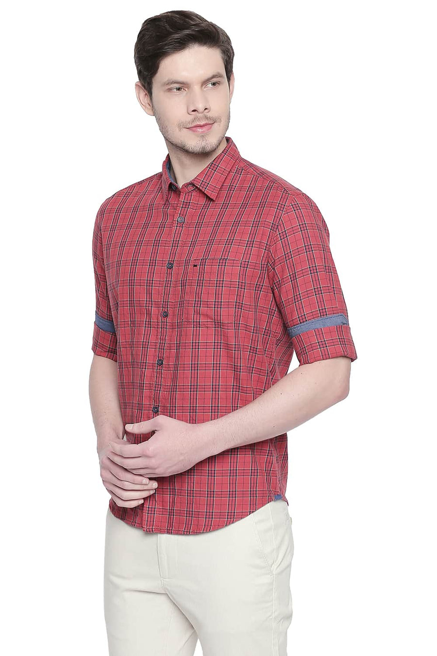 BASICS SLIM FIT CRANBERRY RED TWILL CHECKS SHIRT