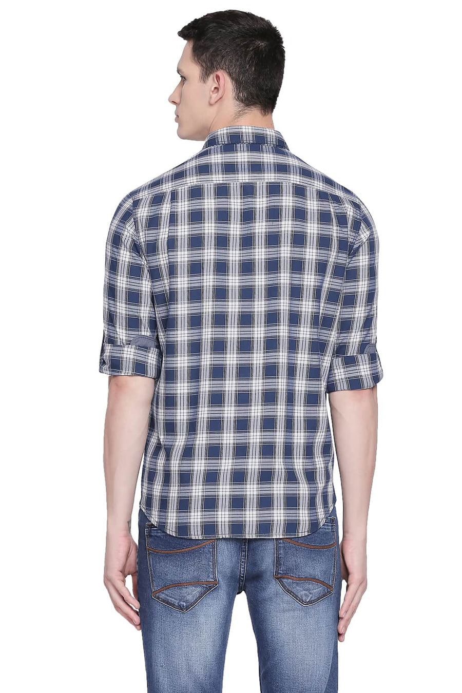 BASICS SLIM FIT ENSIGN BLUE TWILL CHECKS SHIRT