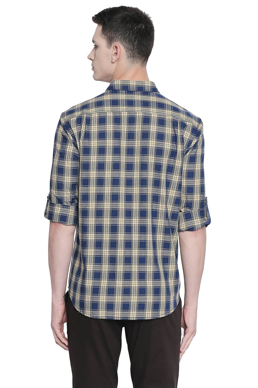 BASICS SLIM FIT STRAW YELLOW TWILL CHECKS SHIRT