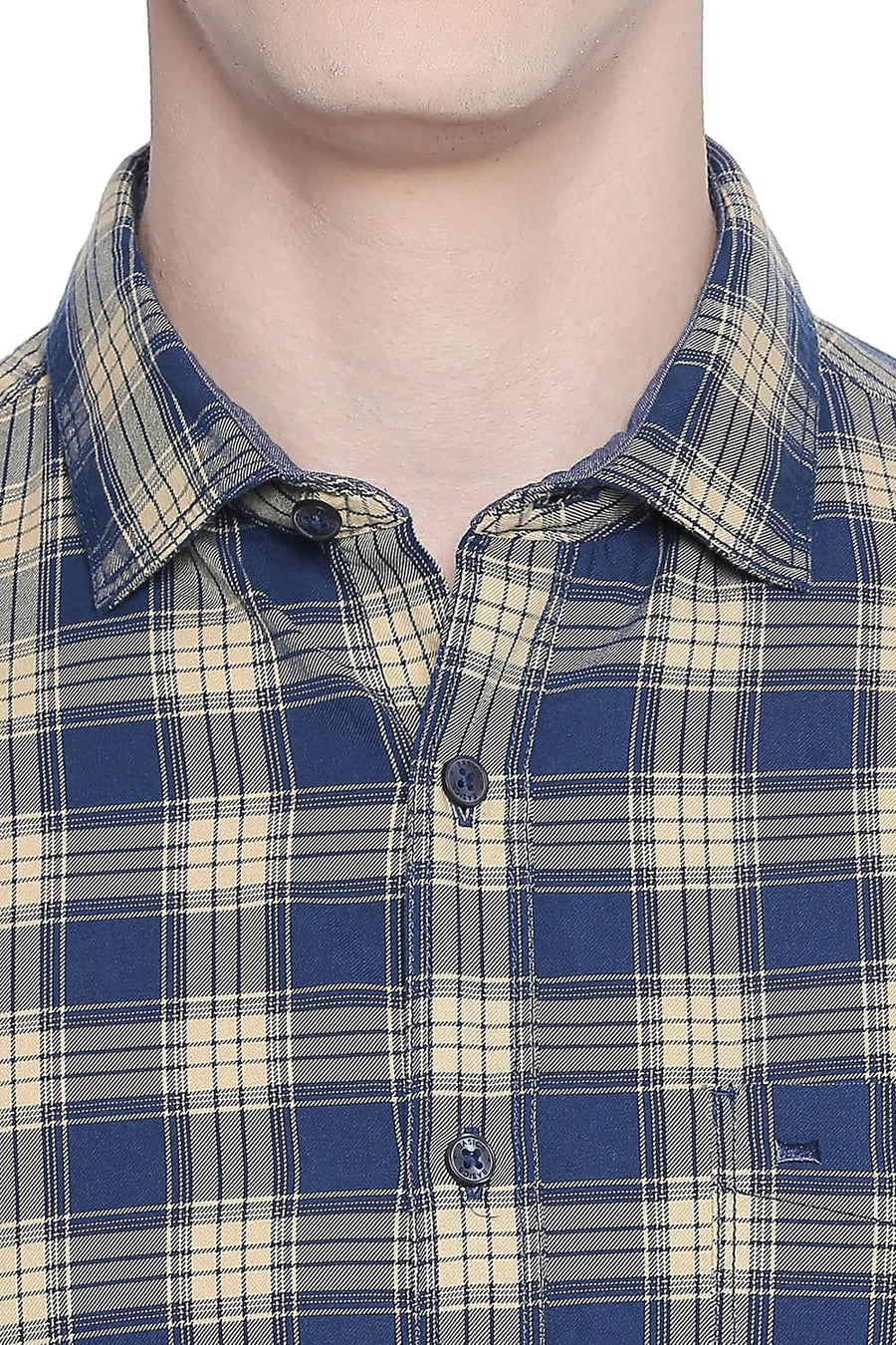 BASICS SLIM FIT STRAW YELLOW TWILL CHECKS SHIRT