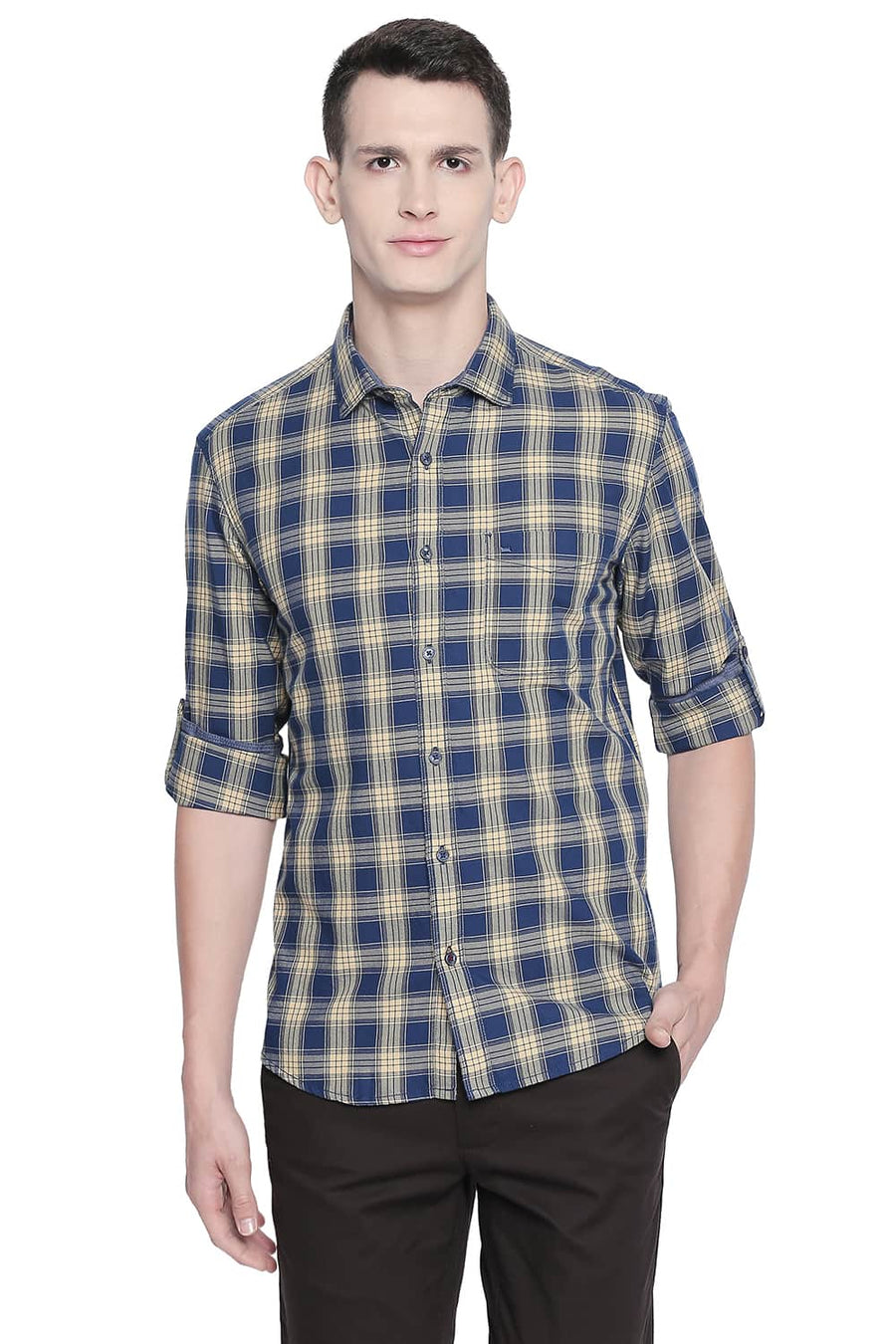 BASICS SLIM FIT STRAW YELLOW TWILL CHECKS SHIRT