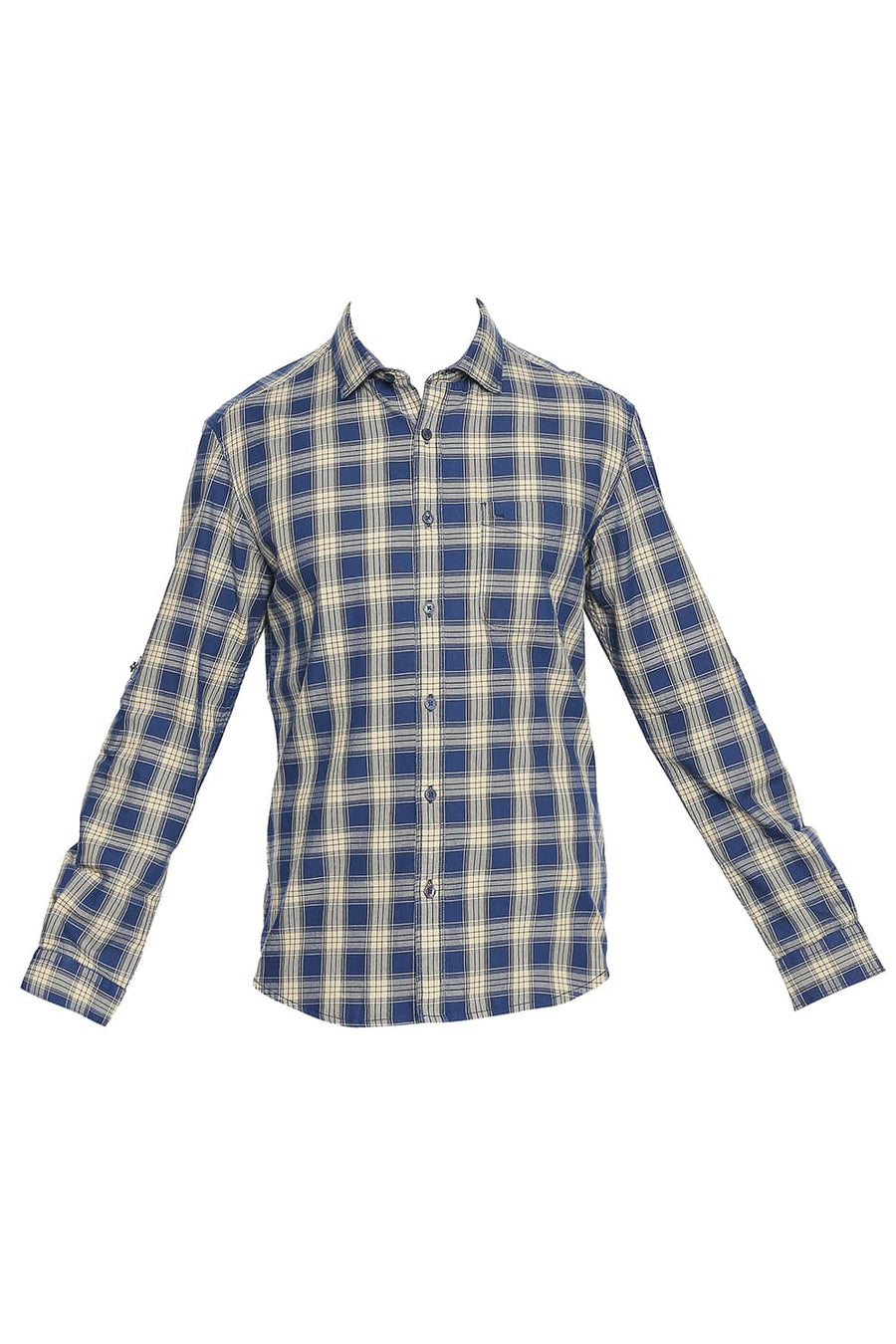 BASICS SLIM FIT STRAW YELLOW TWILL CHECKS SHIRT
