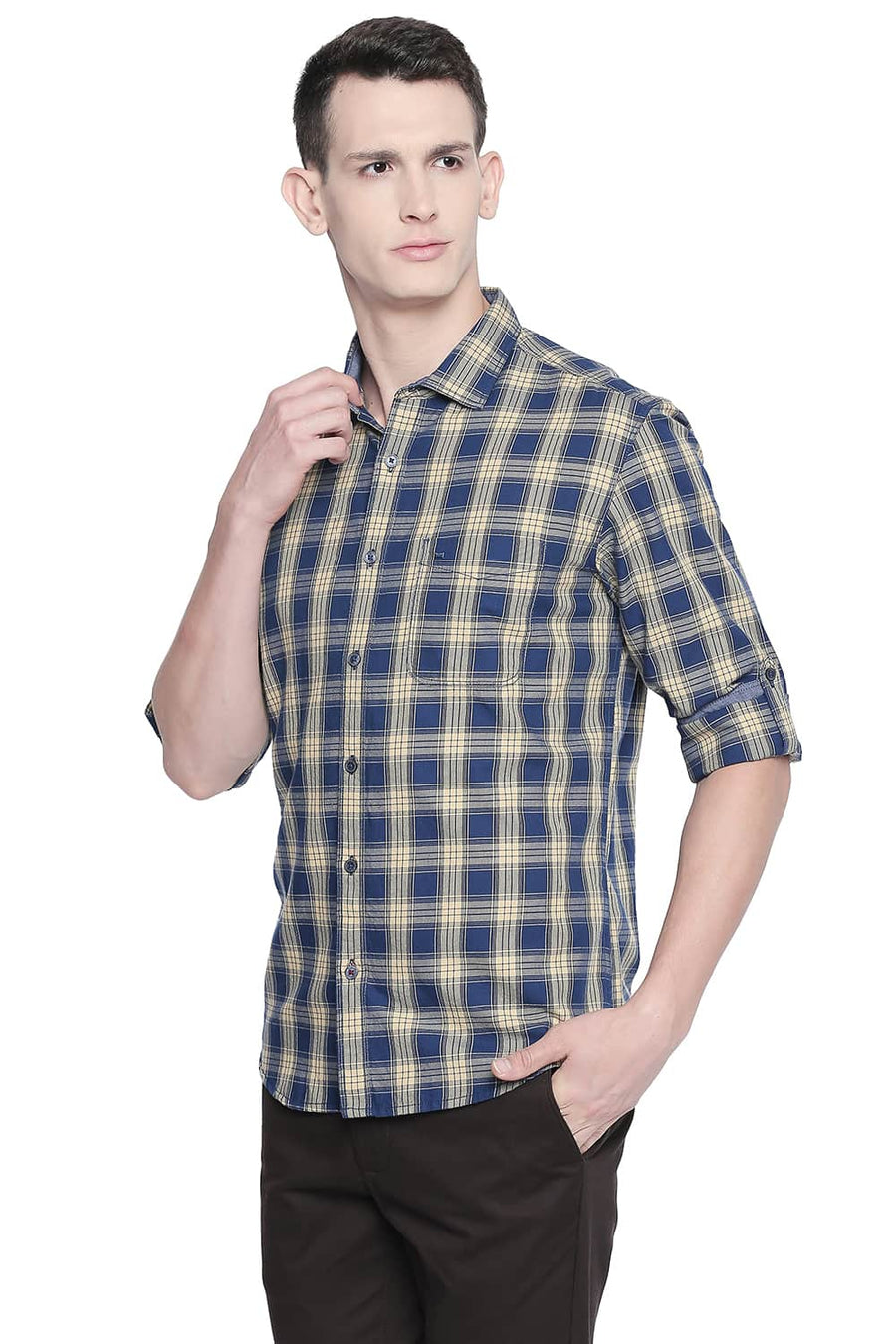 BASICS SLIM FIT STRAW YELLOW TWILL CHECKS SHIRT