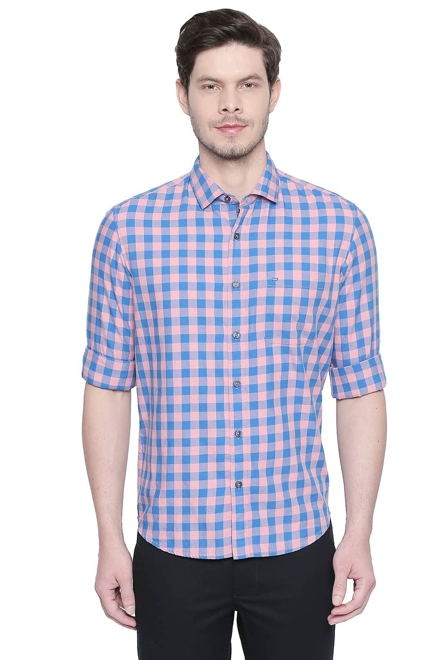 BASICS SLIM FIT CANDLELIGHT PEACH TWILL CHECKS SHIRT