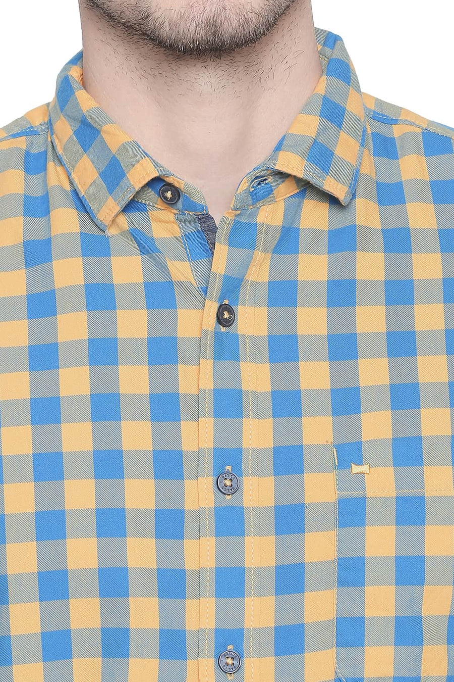 BASICS SLIM FIT BEESWAX YELLOW TWILL CHECKS SHIRT