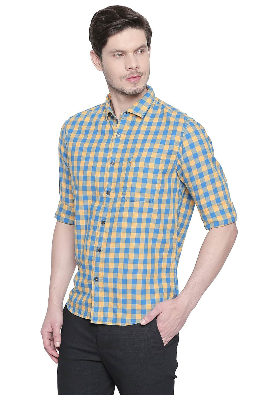 BASICS SLIM FIT BEESWAX YELLOW TWILL CHECKS SHIRT