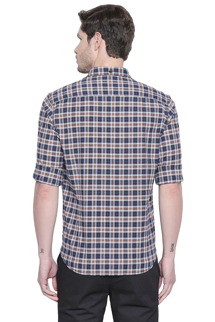 BASICS SLIM FIT LEATHER BROWN STRETCH CHECKS SHIRT
