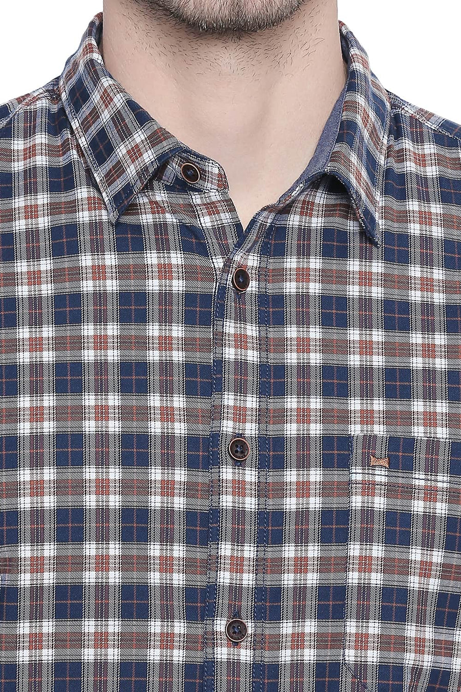 BASICS SLIM FIT LEATHER BROWN STRETCH CHECKS SHIRT