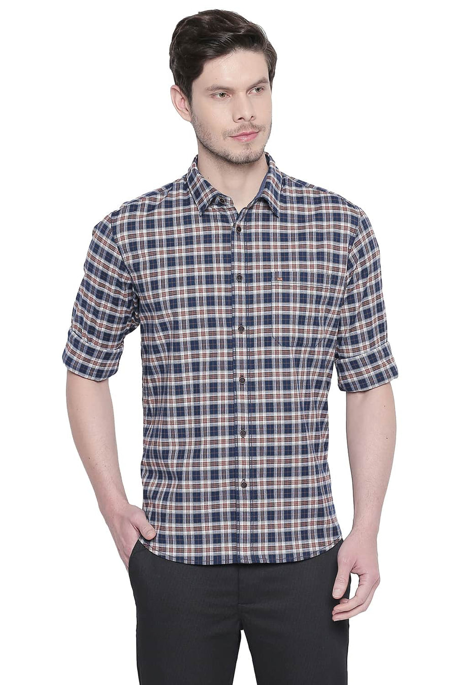 BASICS SLIM FIT LEATHER BROWN STRETCH CHECKS SHIRT