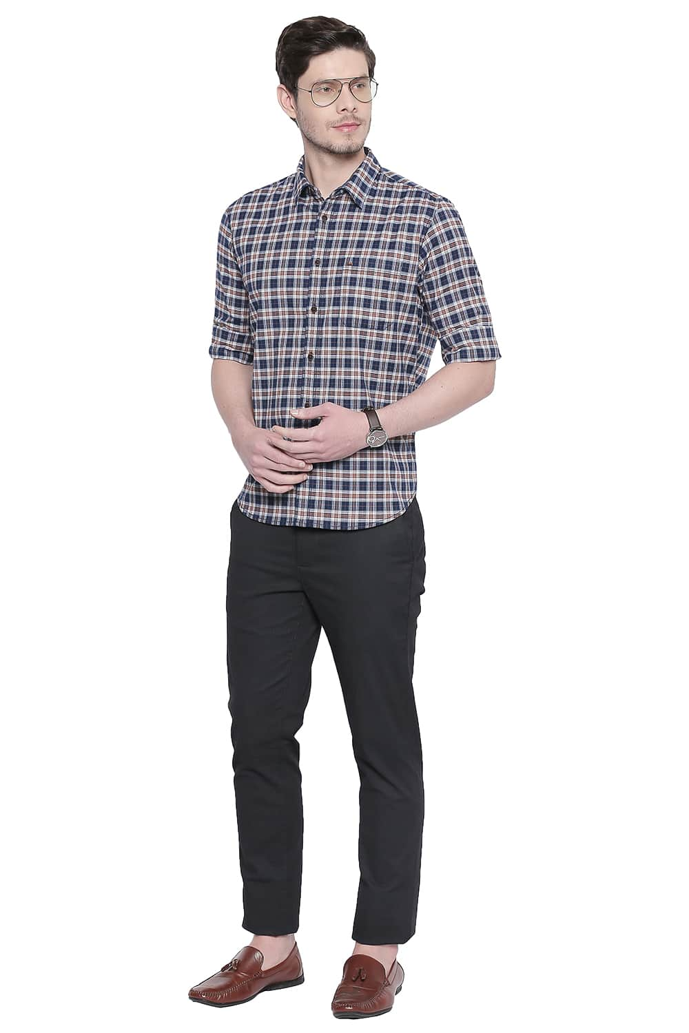 BASICS SLIM FIT STRETCH CHECKS SHIRT