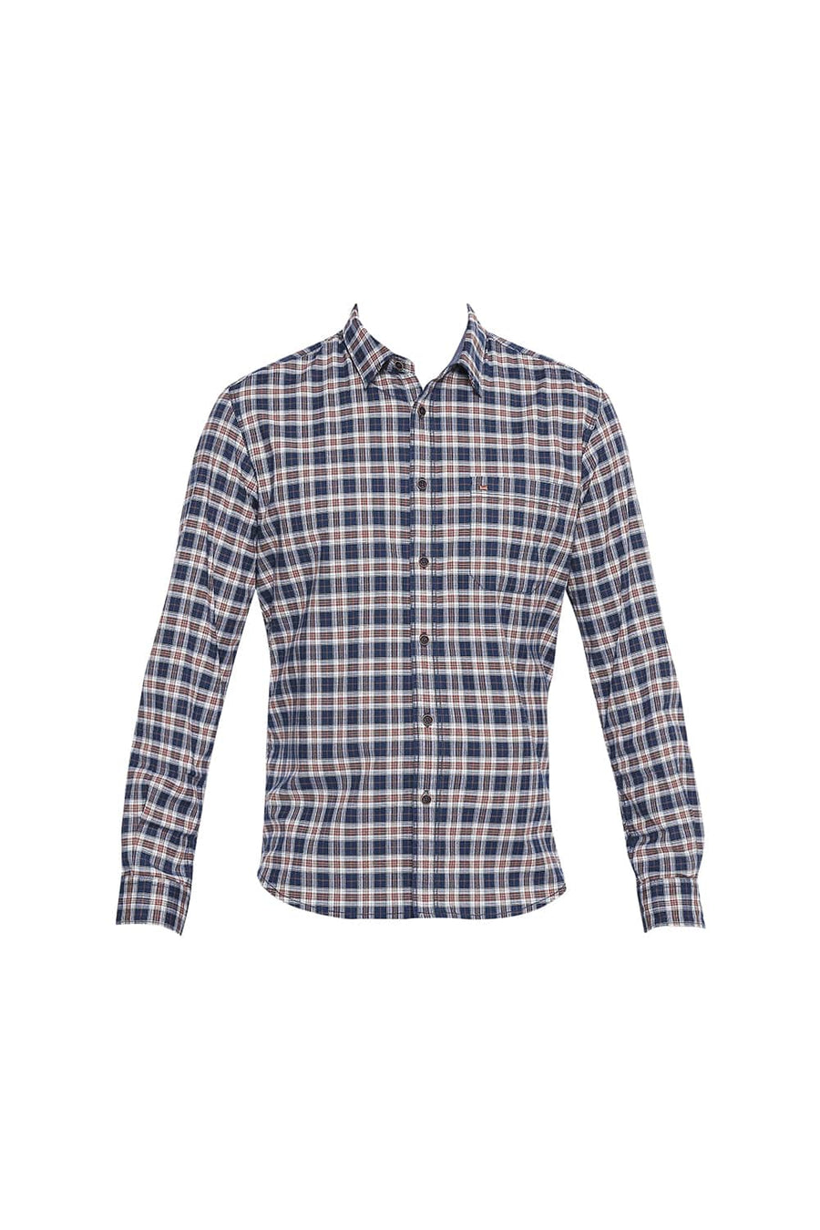 BASICS SLIM FIT LEATHER BROWN STRETCH CHECKS SHIRT
