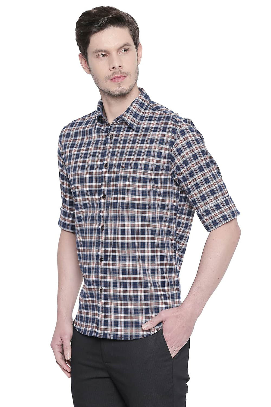 BASICS SLIM FIT LEATHER BROWN STRETCH CHECKS SHIRT