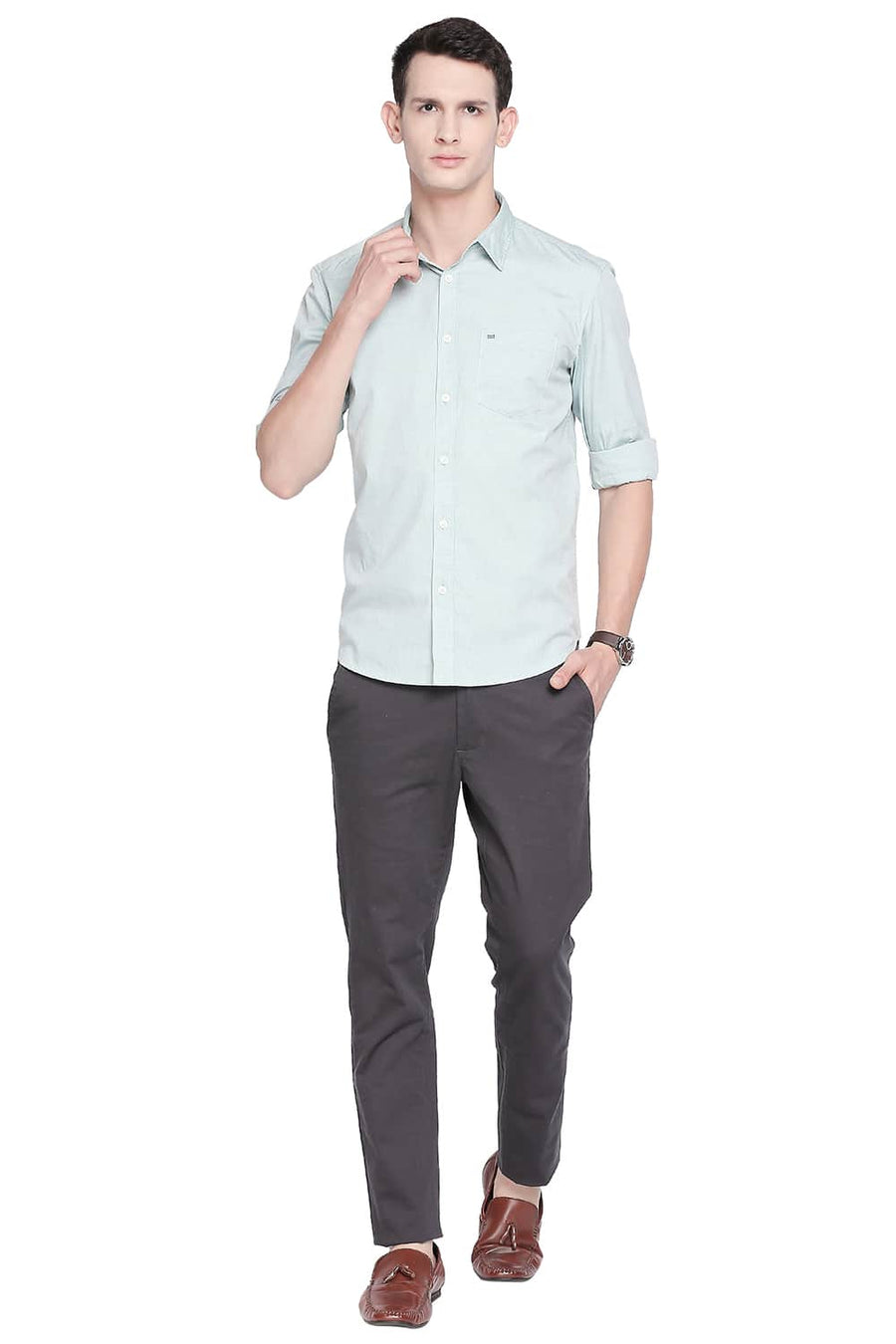 BASICS SLIM FIT DUSTY GREEN OXFORD SHIRT
