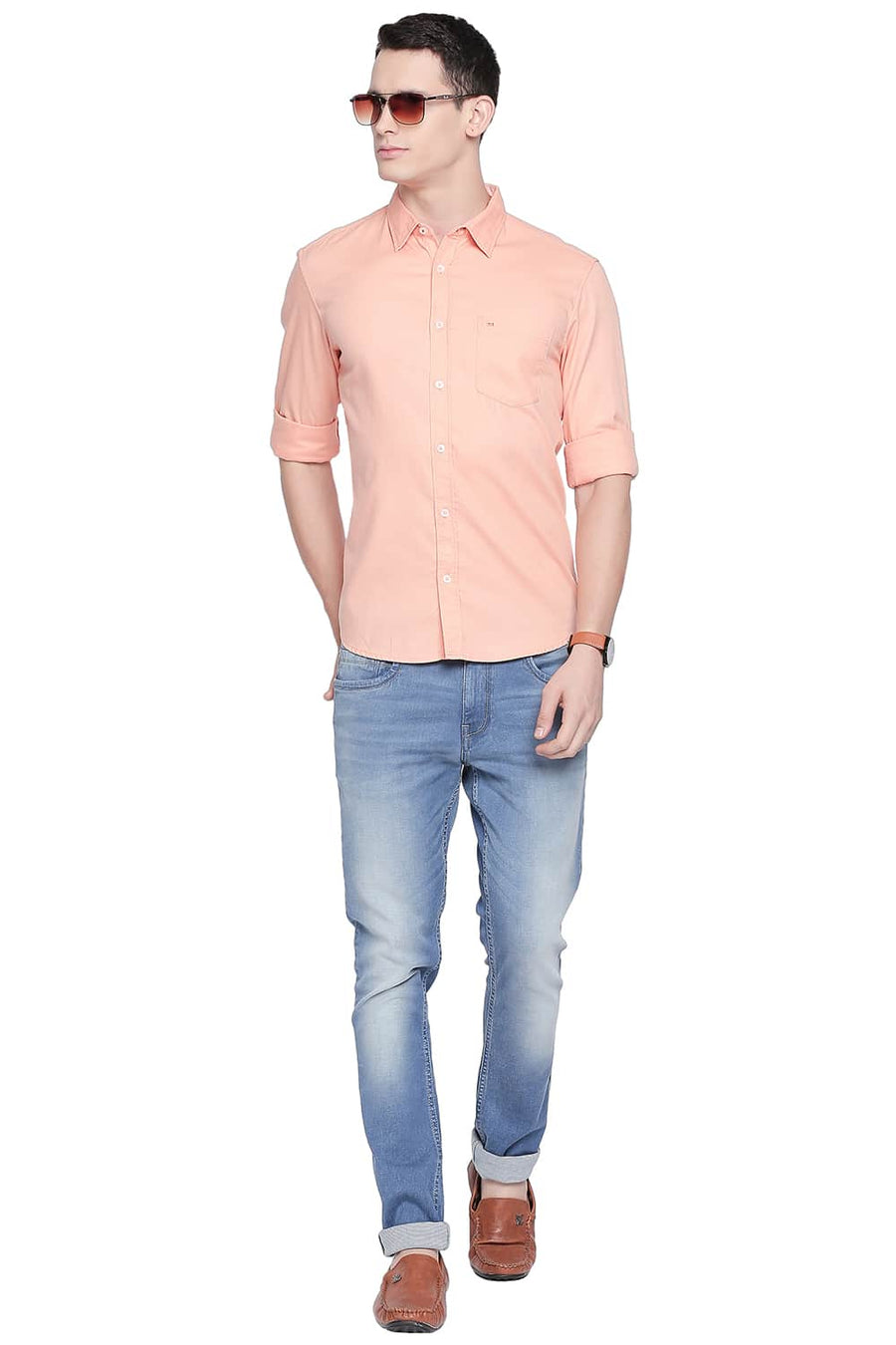 BASICS SLIM FIT CANTELOUPE ORANGE DOBBY SHIRT