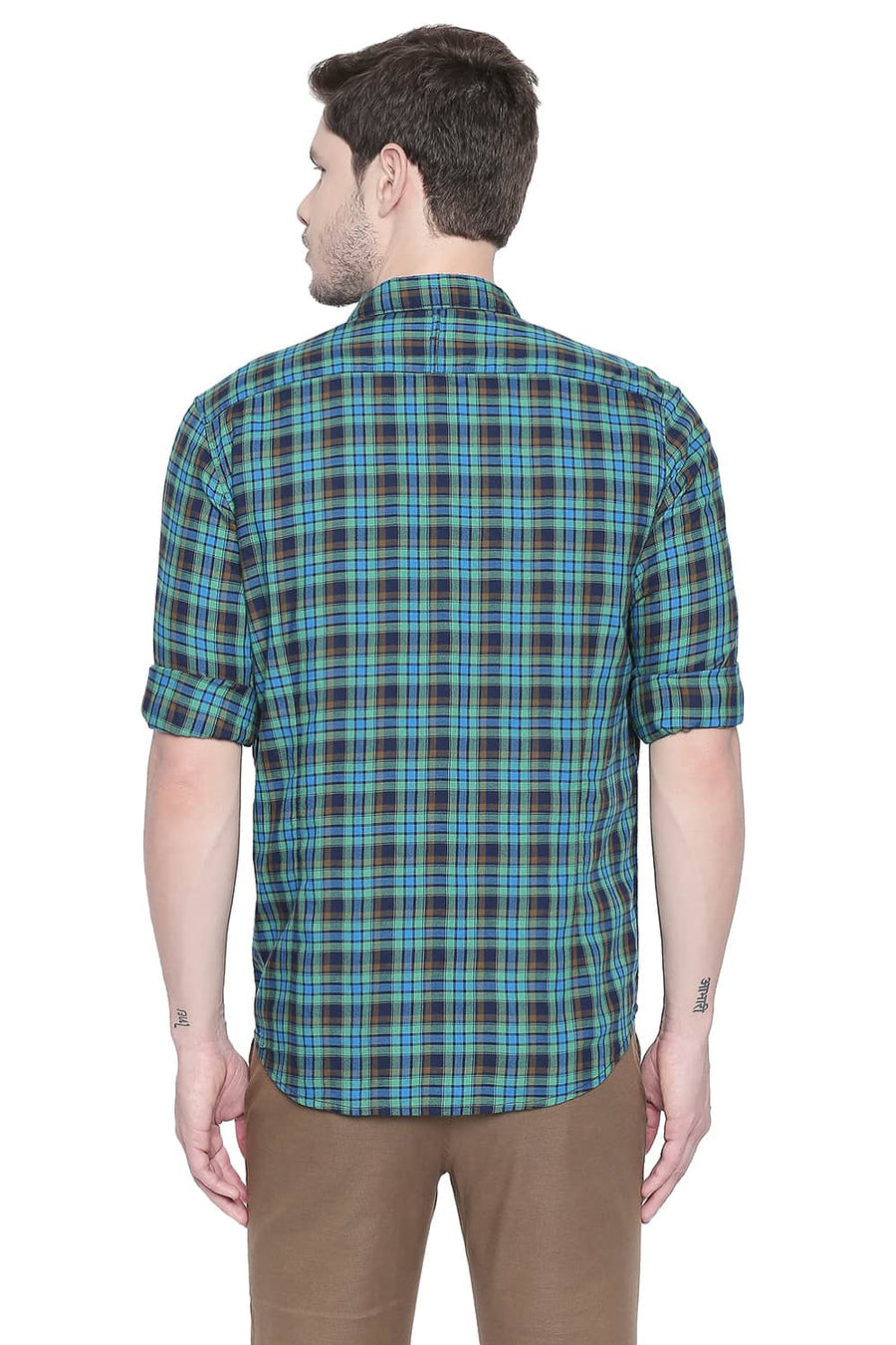 BASICS SLIM FIT GREEN BRIAR DOBBY CHECKS SHIRT