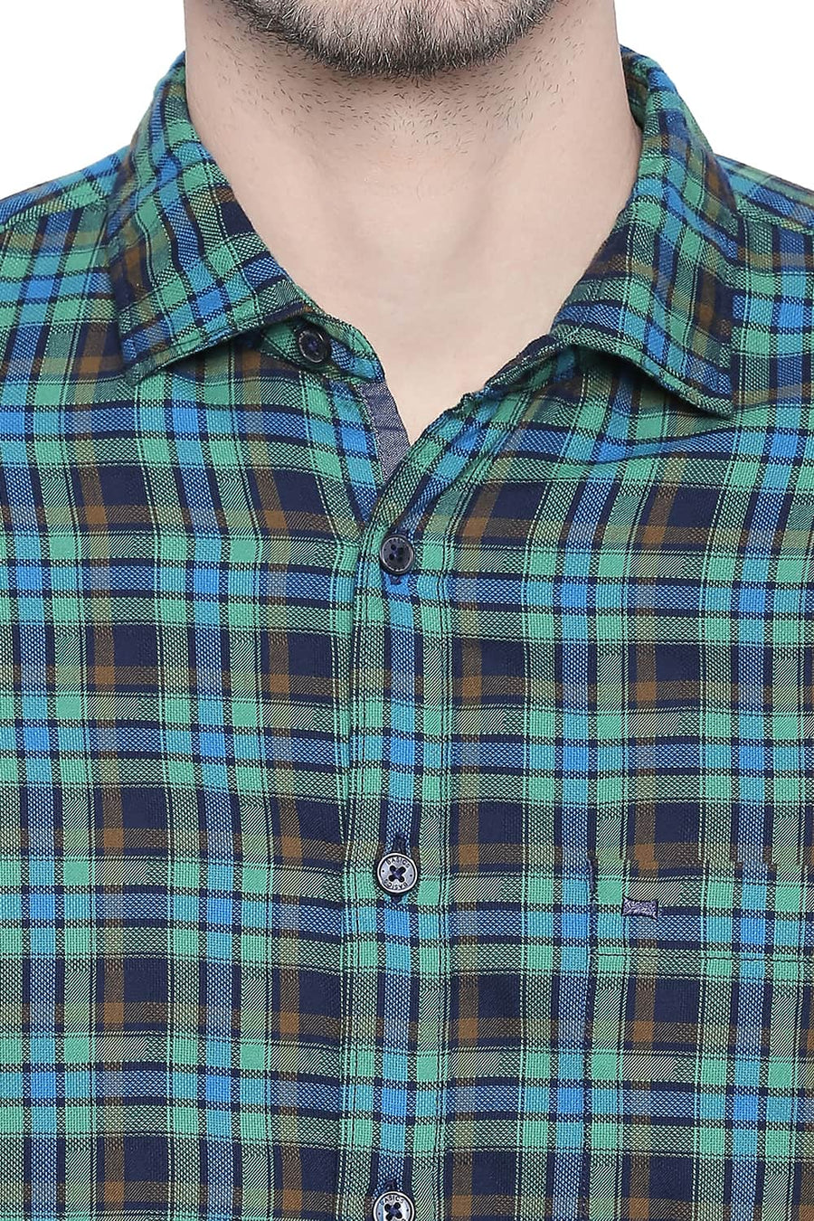 BASICS SLIM FIT GREEN BRIAR DOBBY CHECKS SHIRT