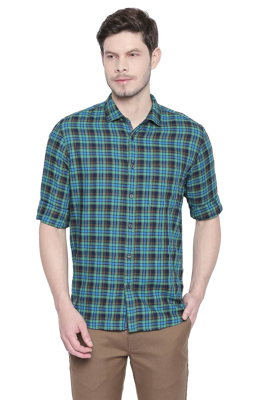 BASICS SLIM FIT GREEN BRIAR DOBBY CHECKS SHIRT