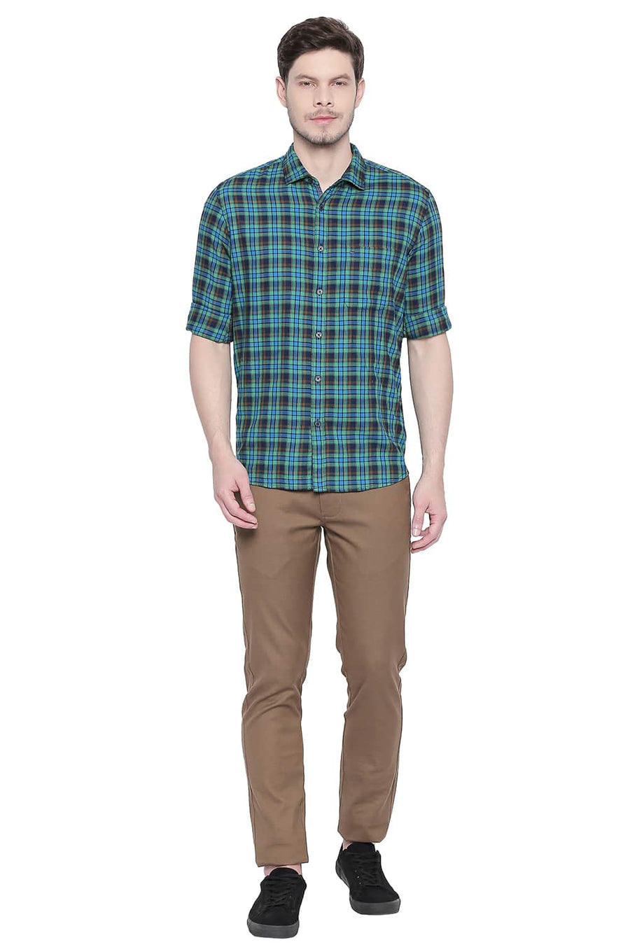 BASICS SLIM FIT GREEN BRIAR DOBBY CHECKS SHIRT