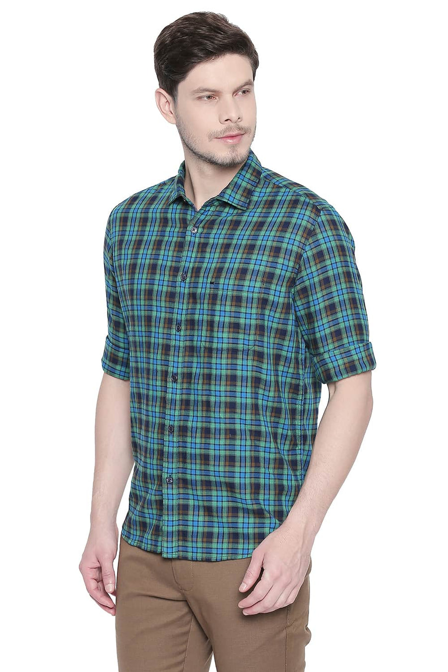 BASICS SLIM FIT GREEN BRIAR DOBBY CHECKS SHIRT