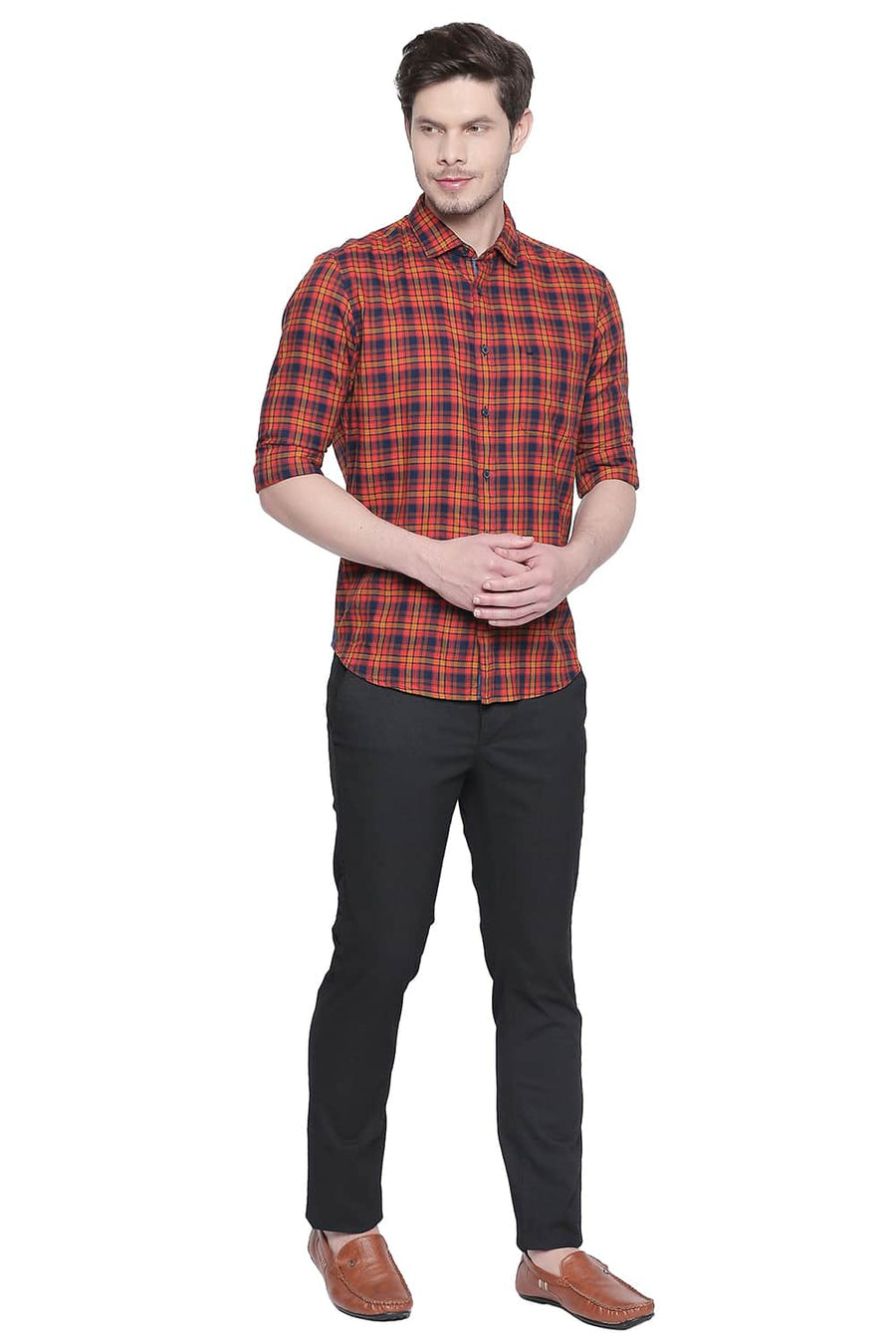 BASICS SLIM FIT ORANGEADE DOBBY CHECKS SHIRT