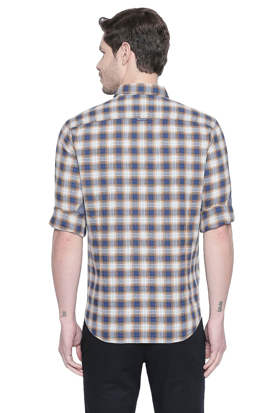 BASICS SLIM FIT WOOD BROWN DOBBY CHECKS SHIRT