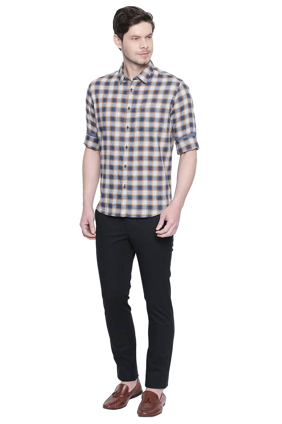 BASICS SLIM FIT WOOD BROWN DOBBY CHECKS SHIRT