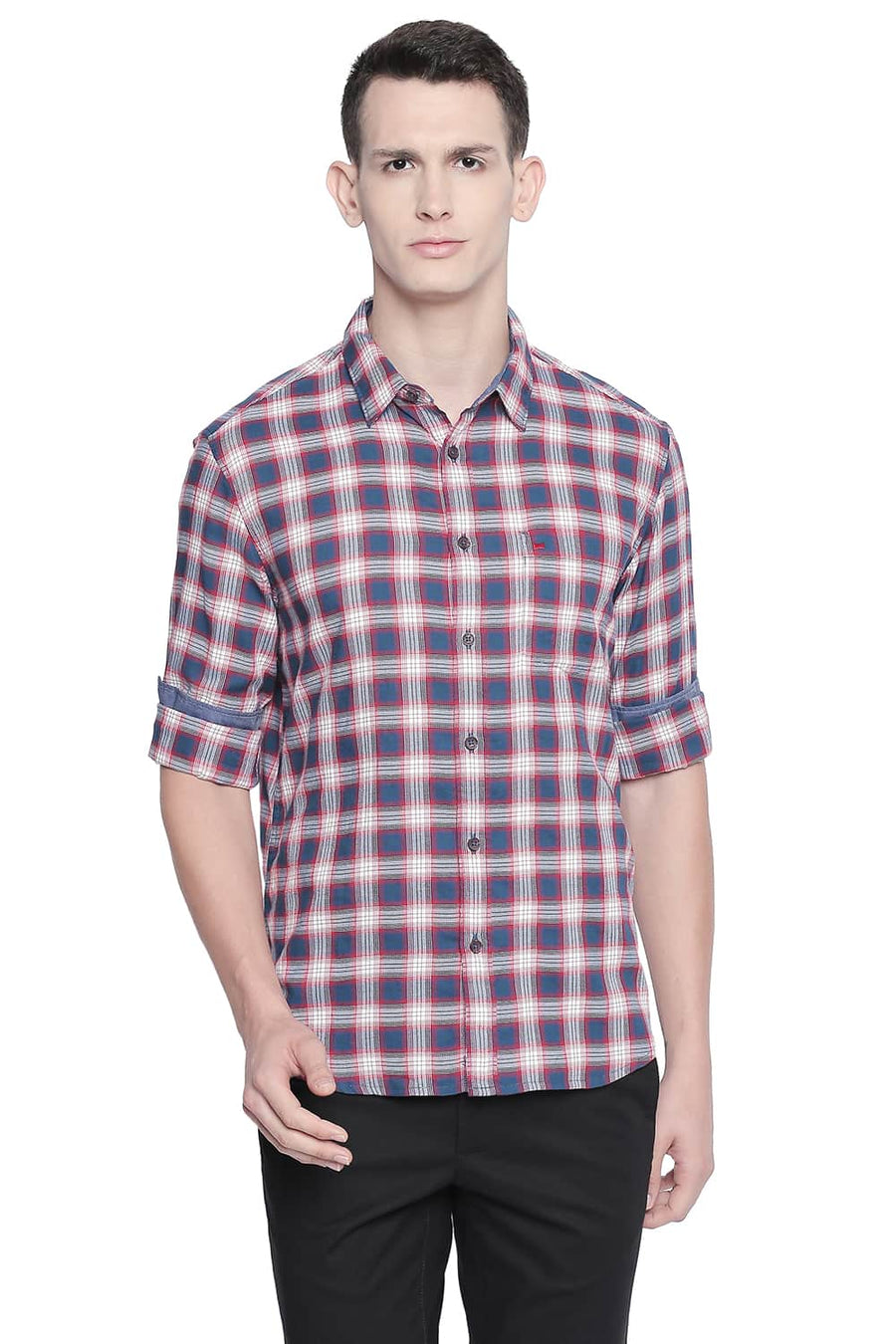 BASICS SLIM FIT RACING RED DOBBY CHECKS SHIRT