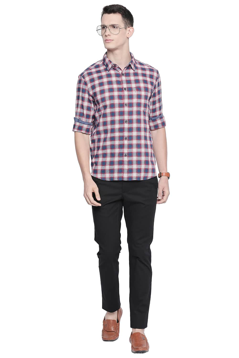 BASICS SLIM FIT DOBBY CHECKS SHIRT