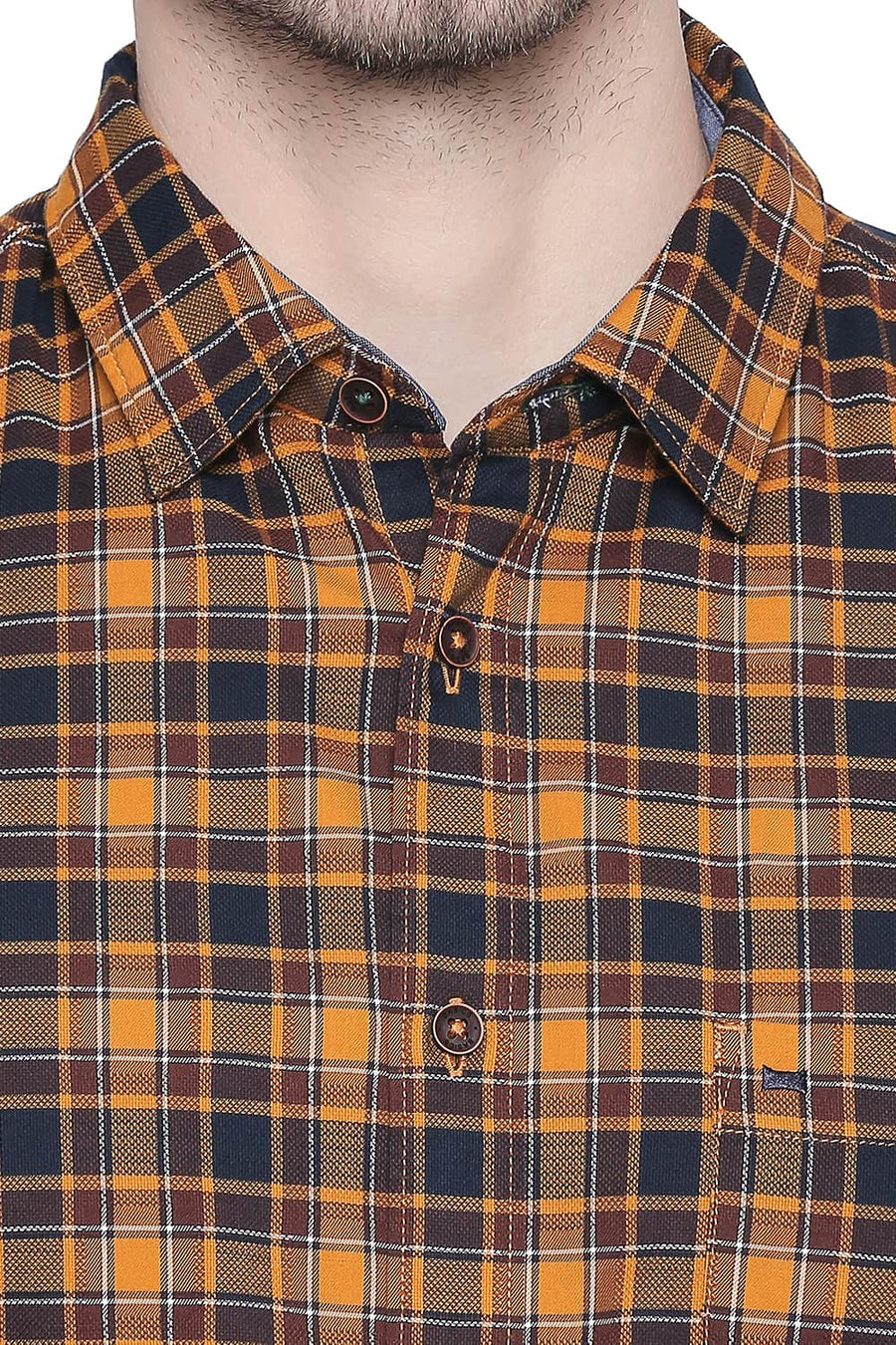 BASICS SLIM FIT CHEDDAR ORANGE DOBBY CHECKS SHIRT