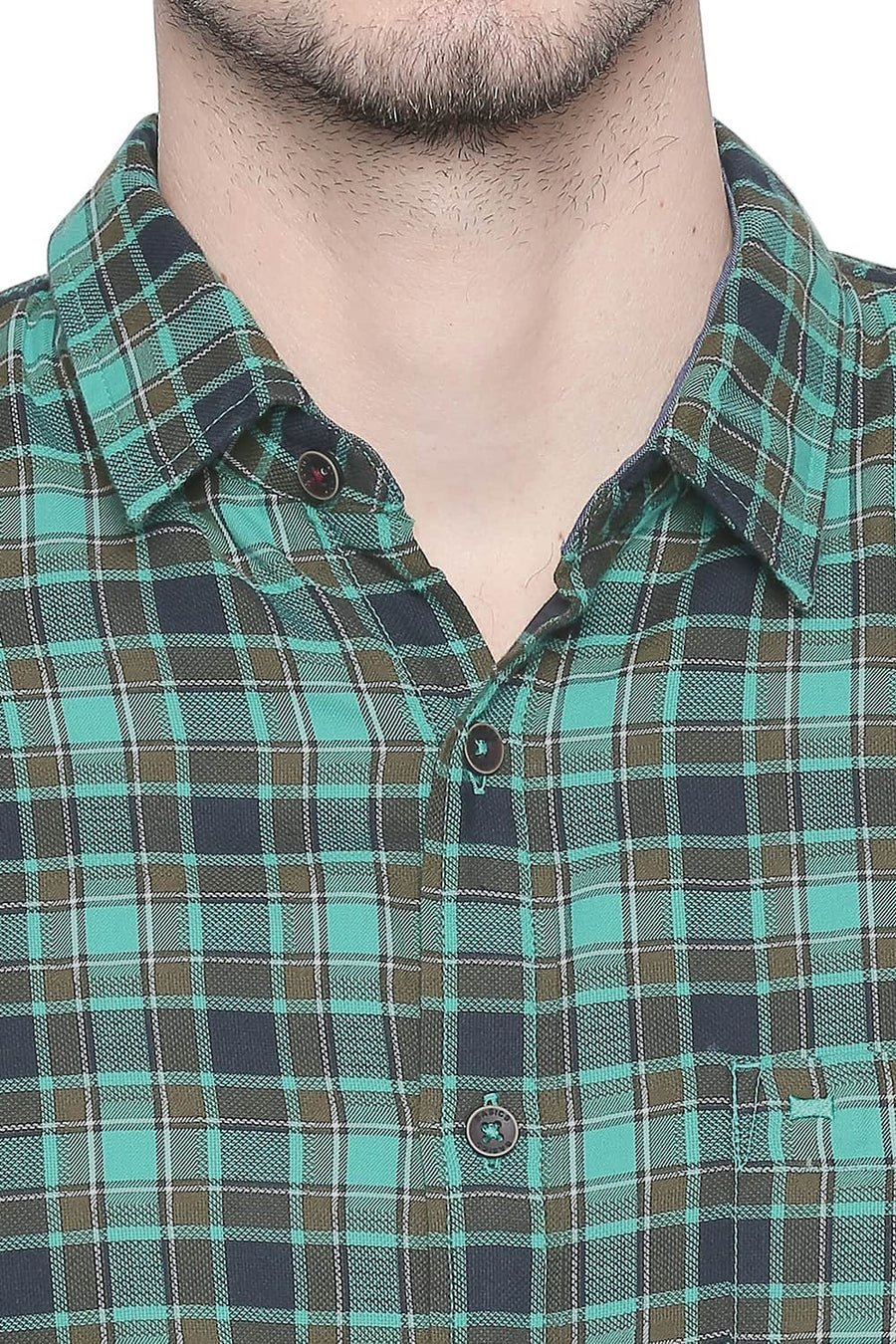 BASICS SLIM FIT HOLLY GREEN DOBBY CHECKS SHIRT