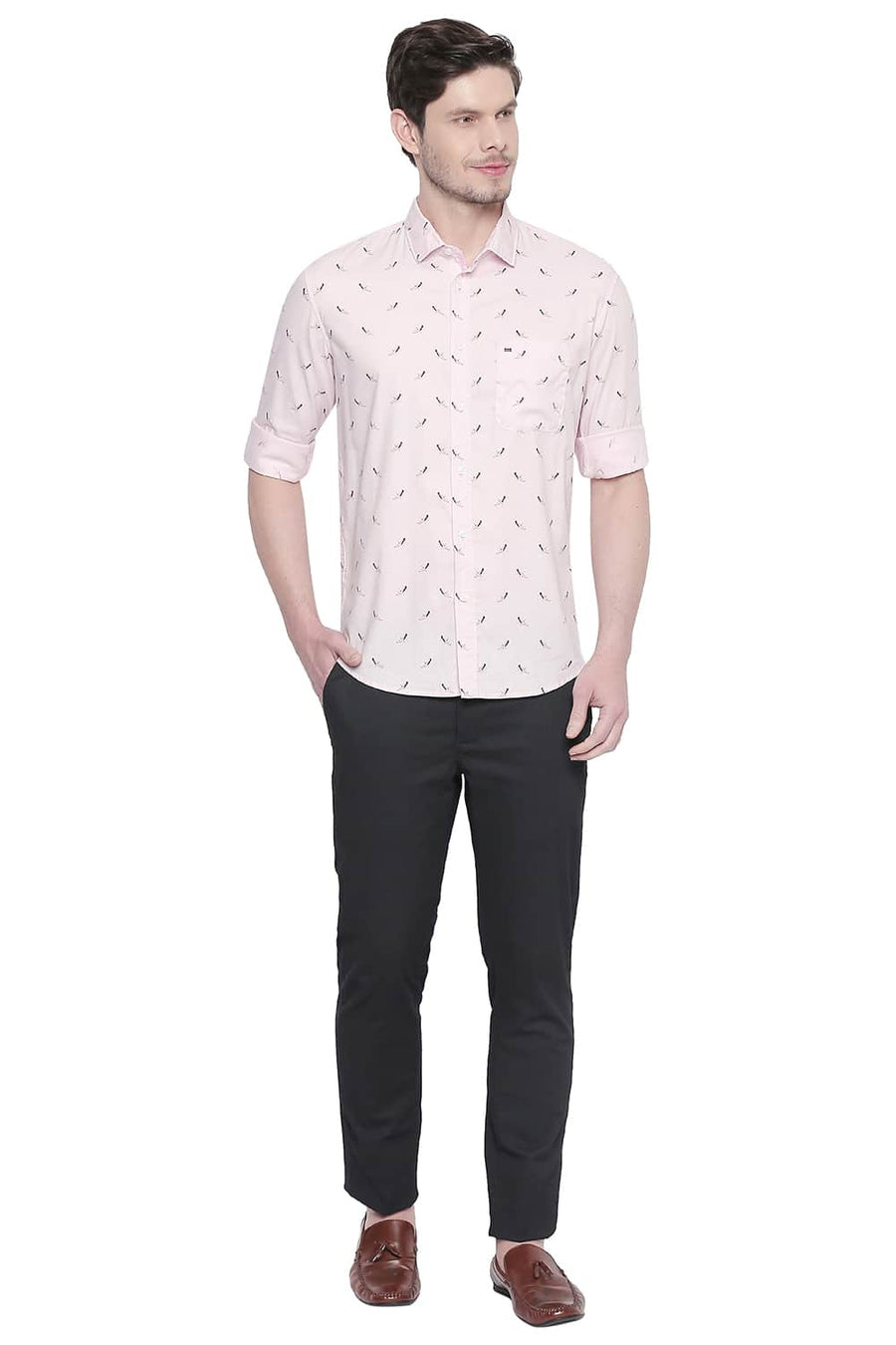 BASICS SLIM FIT CHALK PINK COTTON MODAL PRINTED SHIRT