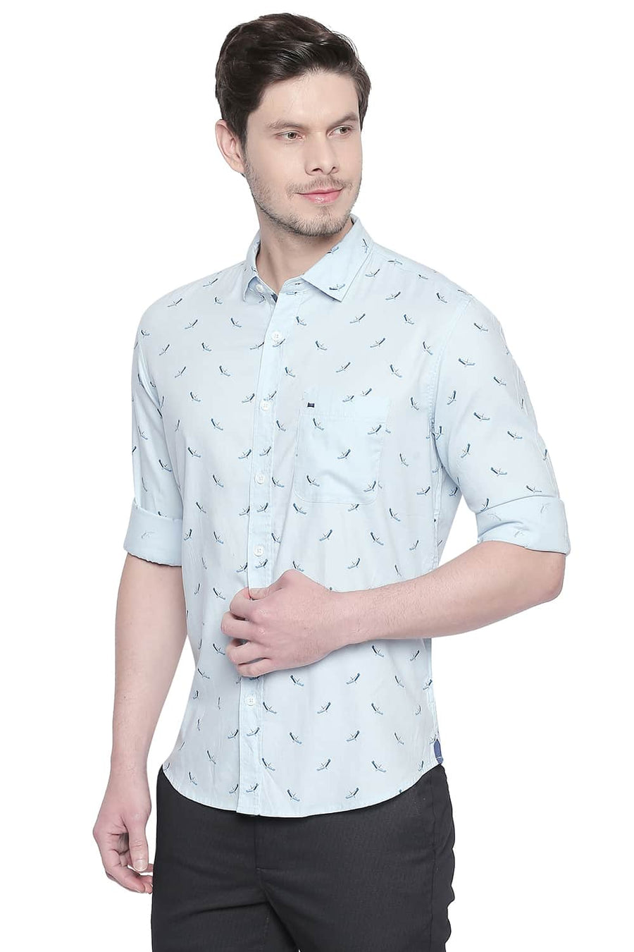 BASICS SLIM FIT CORYDALIS BLUE COTTON MODAL PRINTED SHIRT