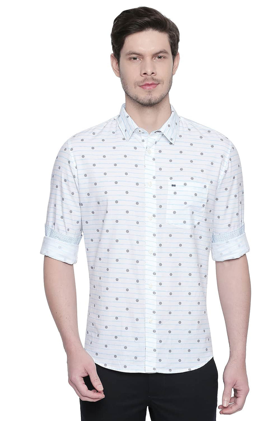 BASICS SLIM FIT BLUE TOPAZ COTTON MODAL PRINTED SHIRT