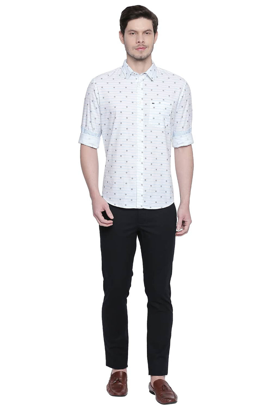 BASICS SLIM FIT BLUE TOPAZ COTTON MODAL PRINTED SHIRT