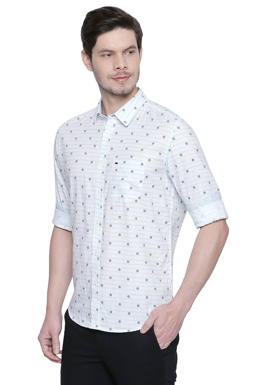 BASICS SLIM FIT BLUE TOPAZ COTTON MODAL PRINTED SHIRT