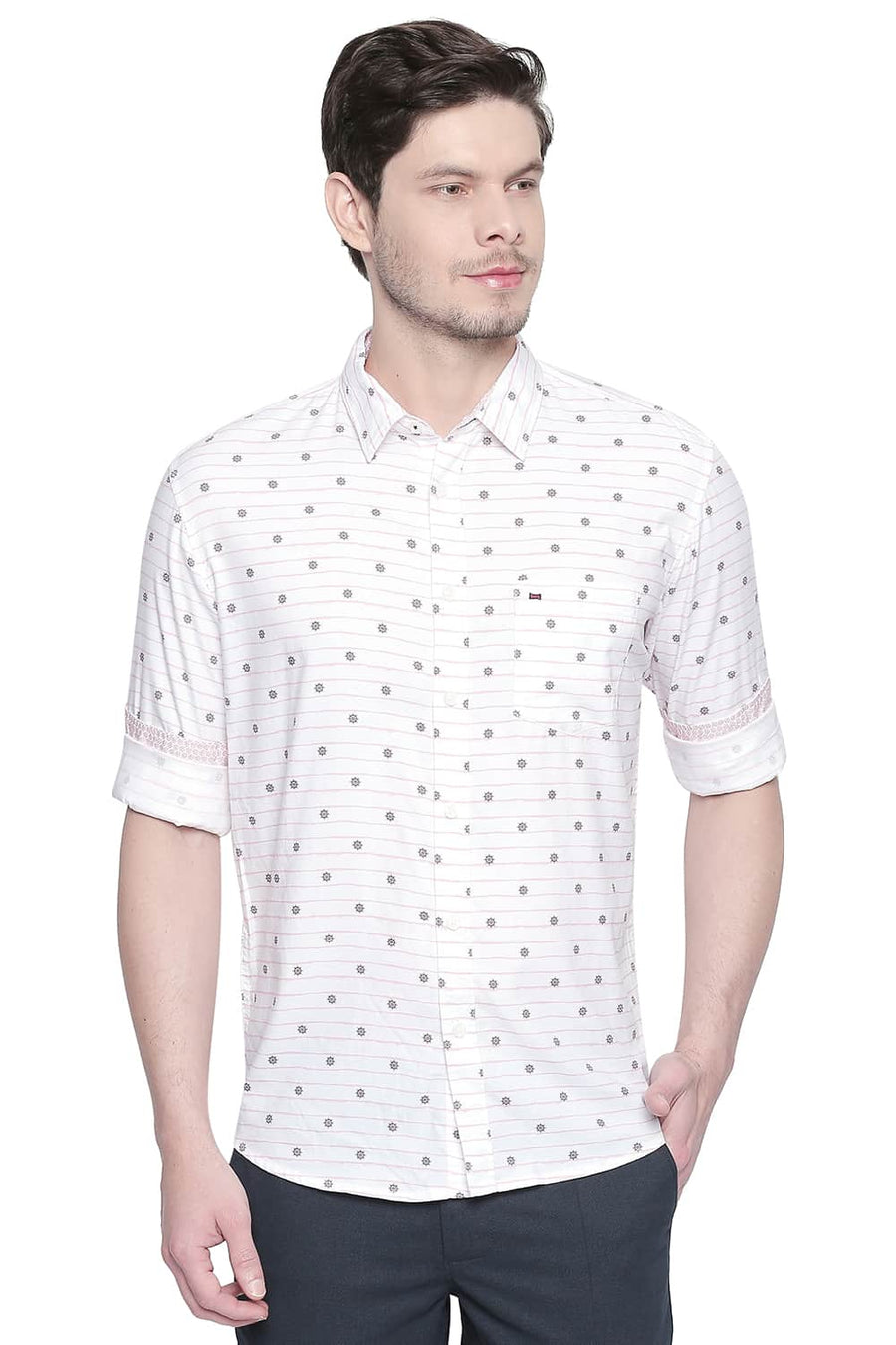 BASICS SLIM FIT ALMOND PINK COTTON MODAL PRINTED SHIRT