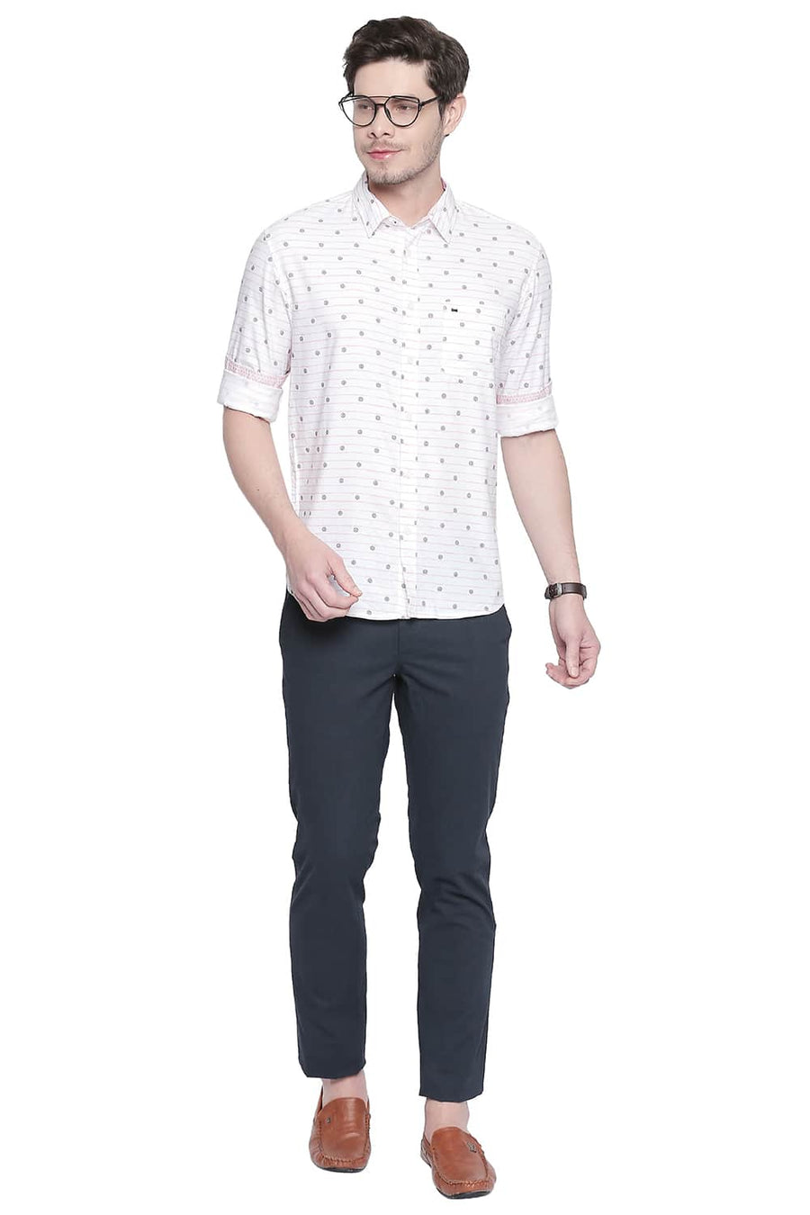 BASICS SLIM FIT ALMOND PINK COTTON MODAL PRINTED SHIRT