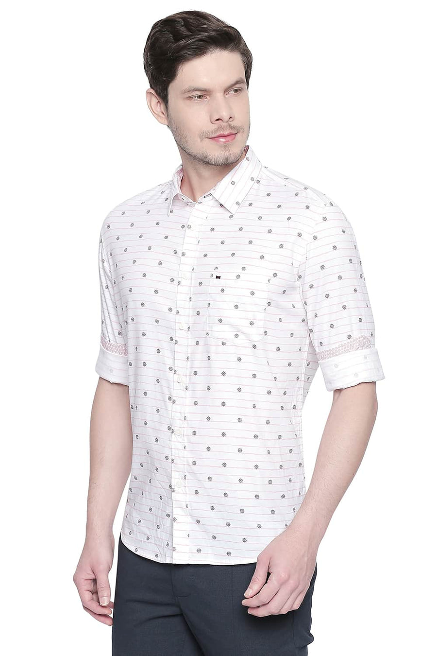 BASICS SLIM FIT ALMOND PINK COTTON MODAL PRINTED SHIRT