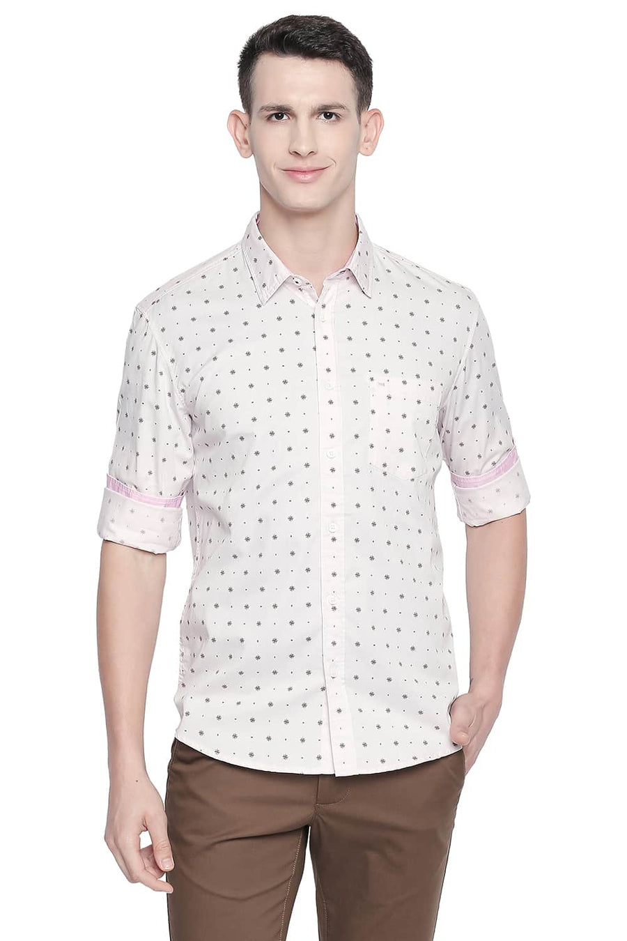 BASICS SLIM FIT PALE PINK TWILL PRINTED SHIRT