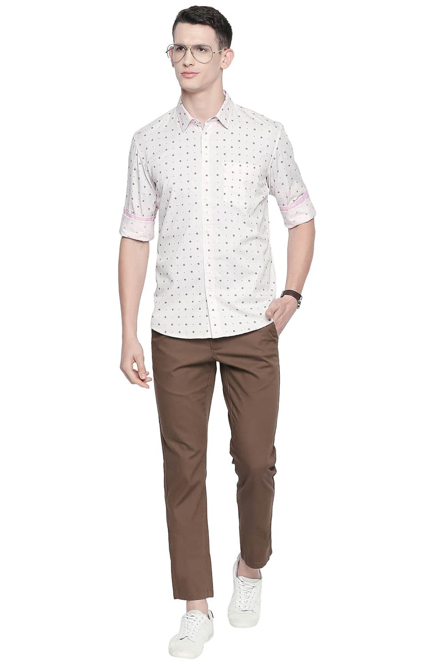 BASICS SLIM FIT PALE PINK TWILL PRINTED SHIRT