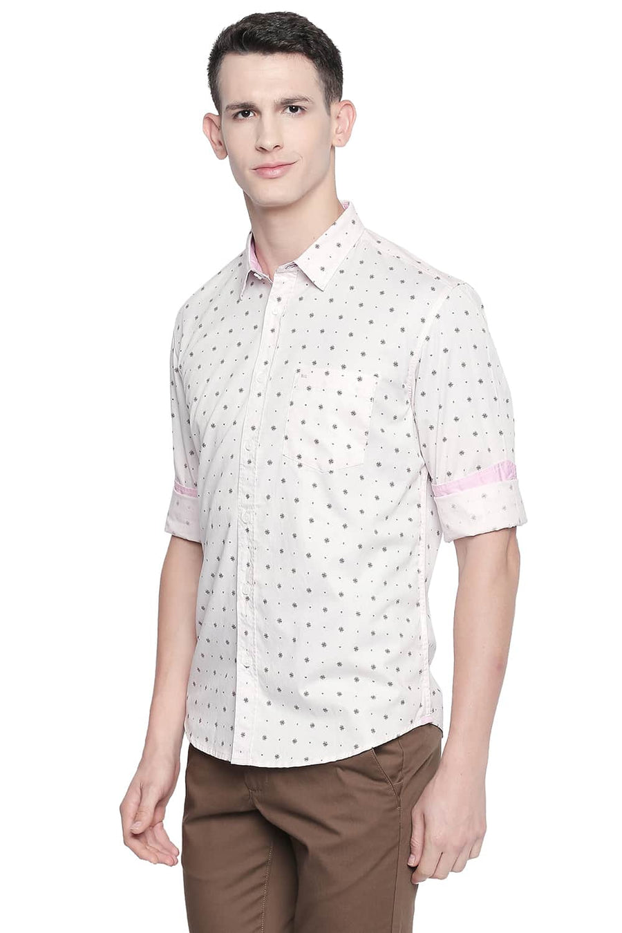 BASICS SLIM FIT PALE PINK TWILL PRINTED SHIRT